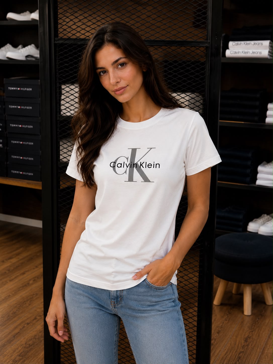 بلوزة CK بيضاء شعار كبير